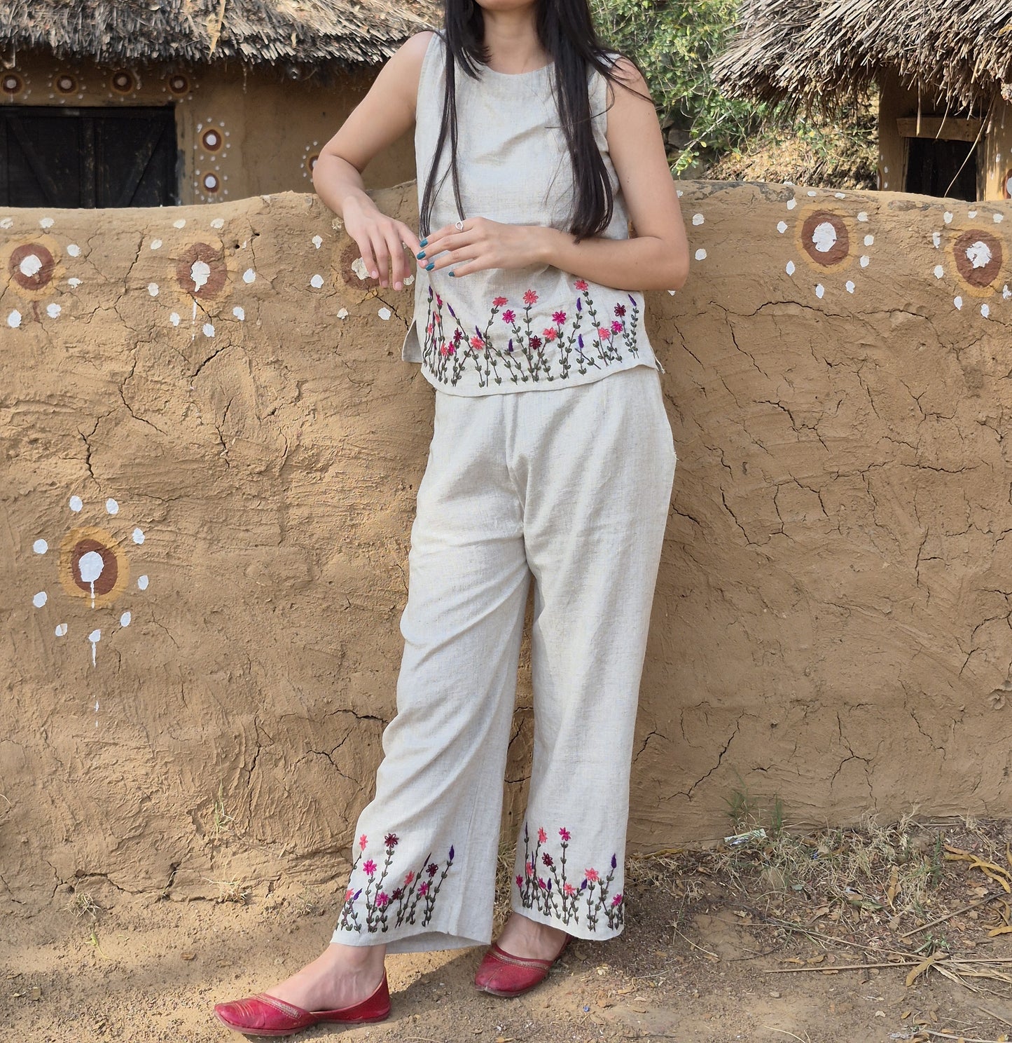Baige Elegant Floral Embroidered Co-Ord (Set of 2)