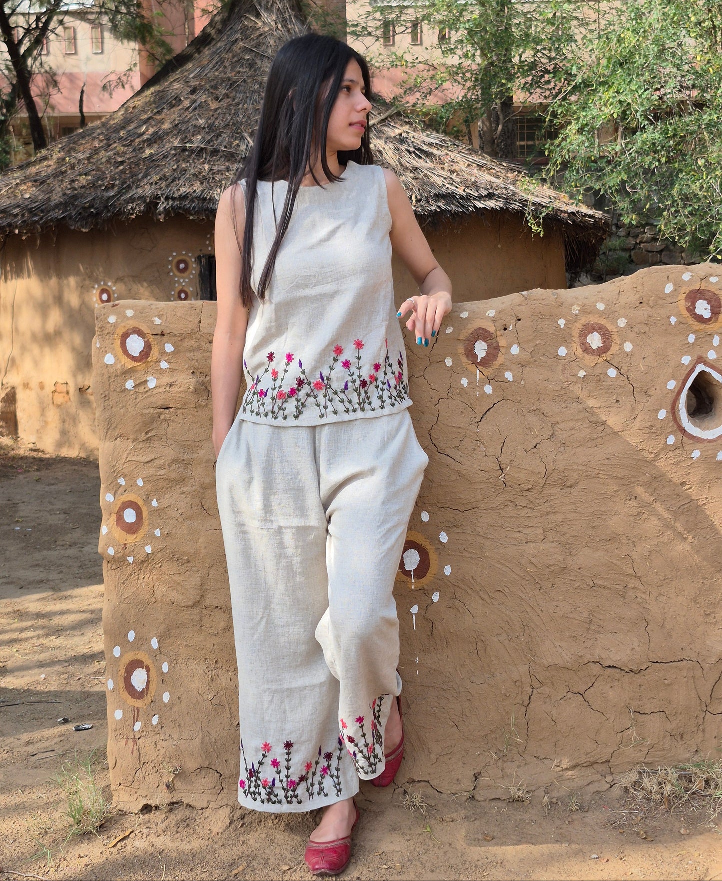 Baige Elegant Floral Embroidered Co-Ord (Set of 2)