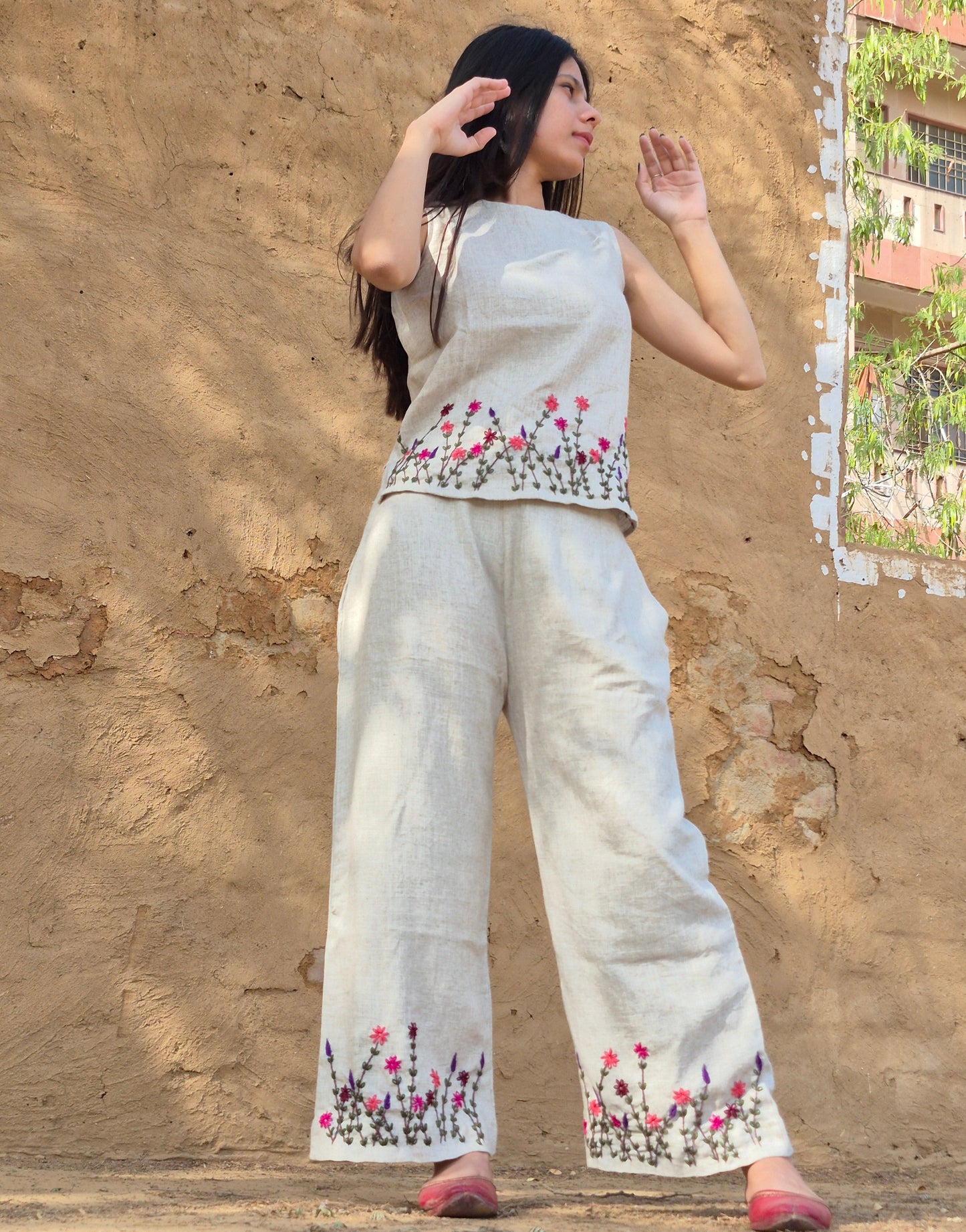 Baige Elegant Floral Embroidered Co-Ord (Set of 2)