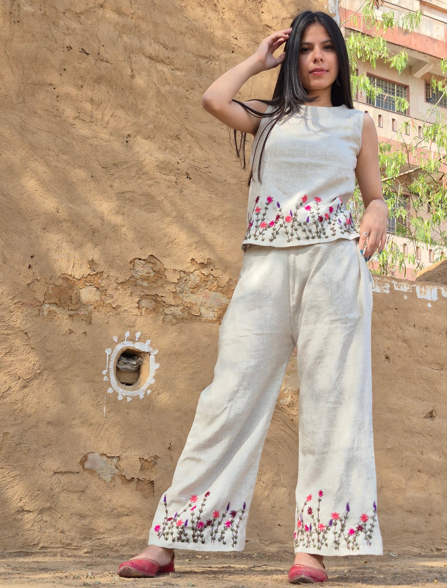 Baige Elegant Floral Embroidered Co-Ord (Set of 2)